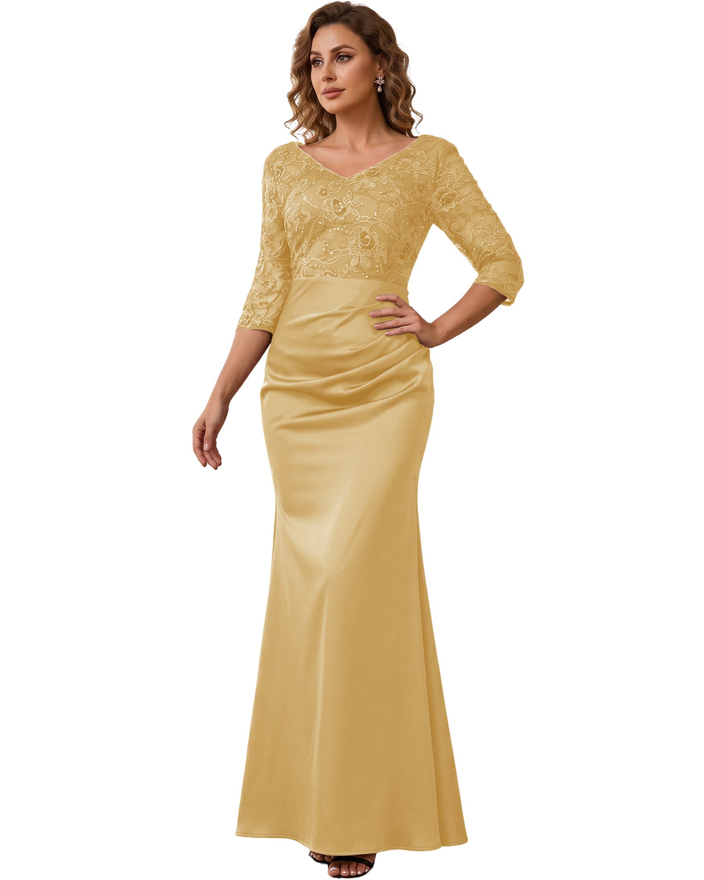 Mother of the Bride Dress Long Lace Mermaid Formal Gown with 3/4 Sleeves