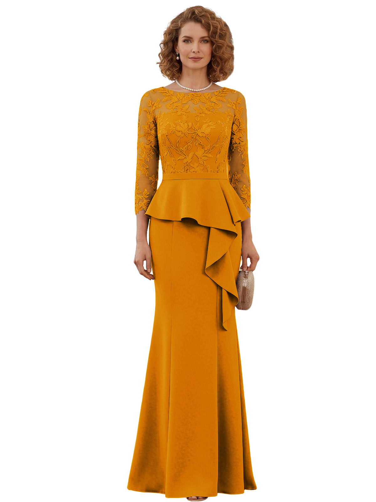 Long Mother of the Bride Dress Lace Illusion Bodice Peplum Mermaid Formal Evening Gown