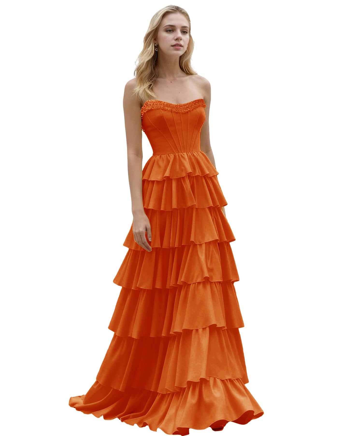 Strapless Tiered Ruffle A-Line Prom Dress with Corset Bodice