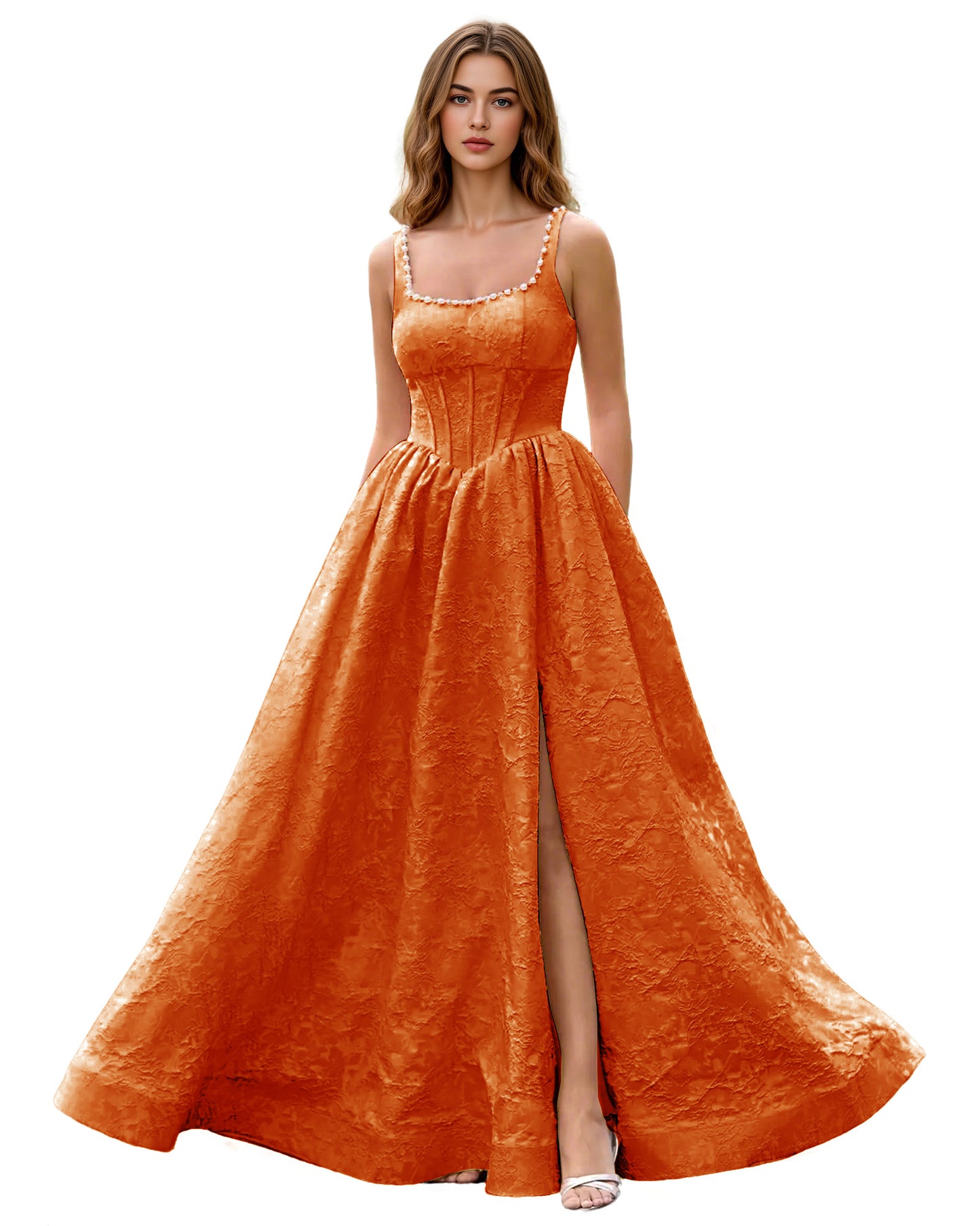 Square Neck Jacquard Ball Gown Prom Dress with Wide Straps and Pockets