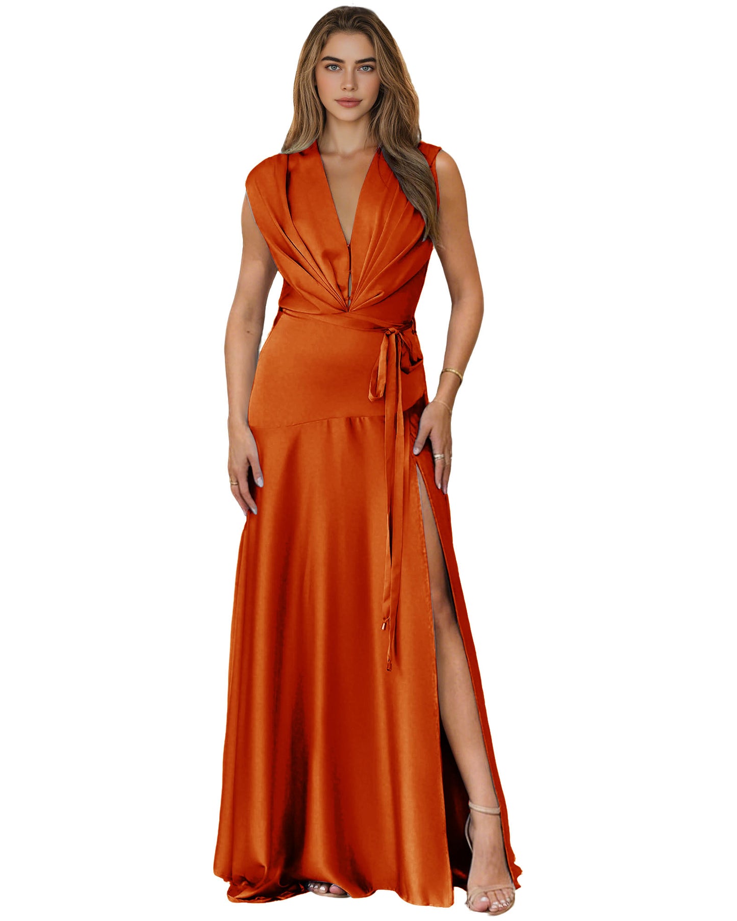 Plunging V-Neck Satin A-Line Prom Dress with Wrap Waist and Slit
