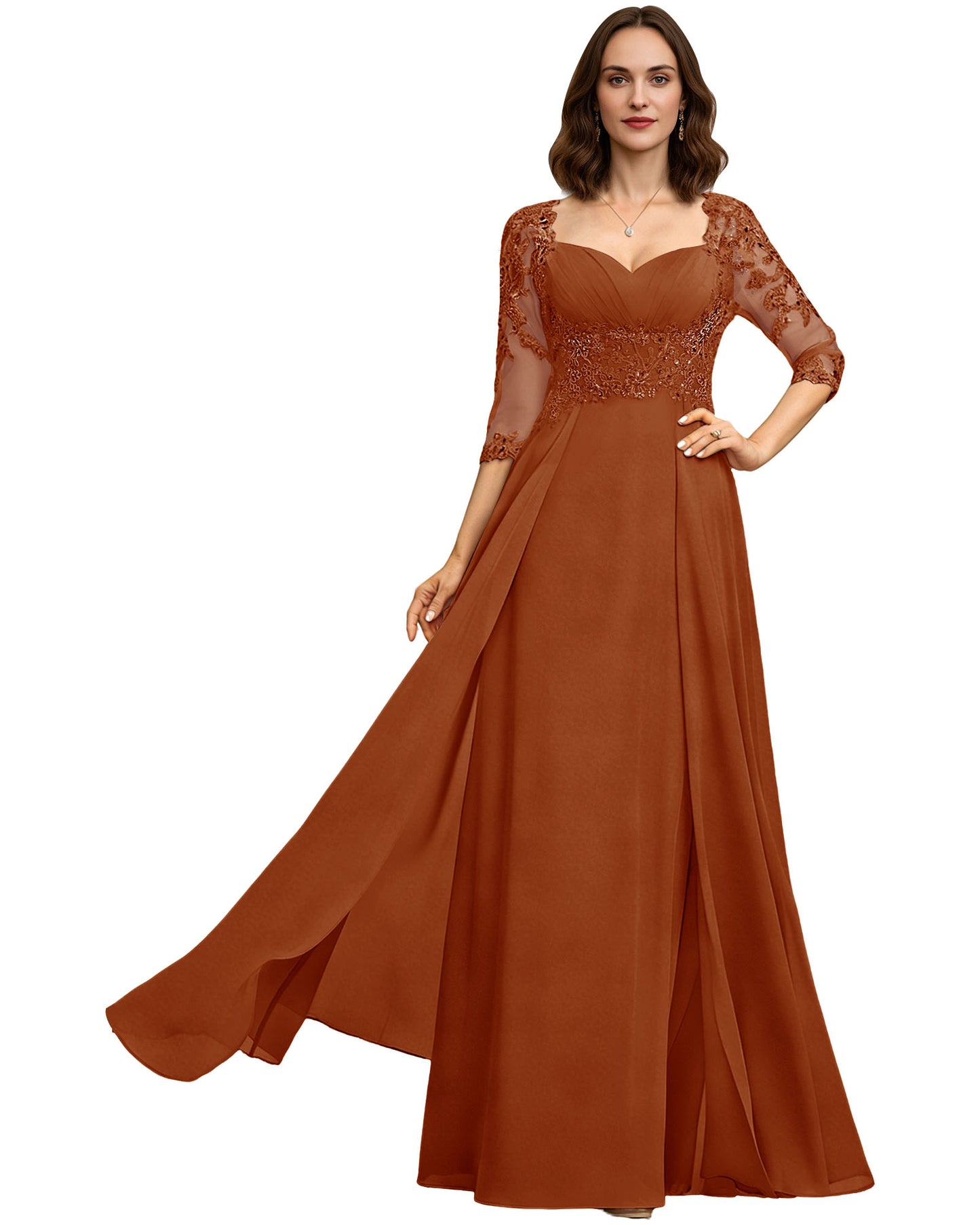 Long Sweetheart Mother of the Bride Dress Lace 3/4 Sleeve Chiffon A-Line Gown