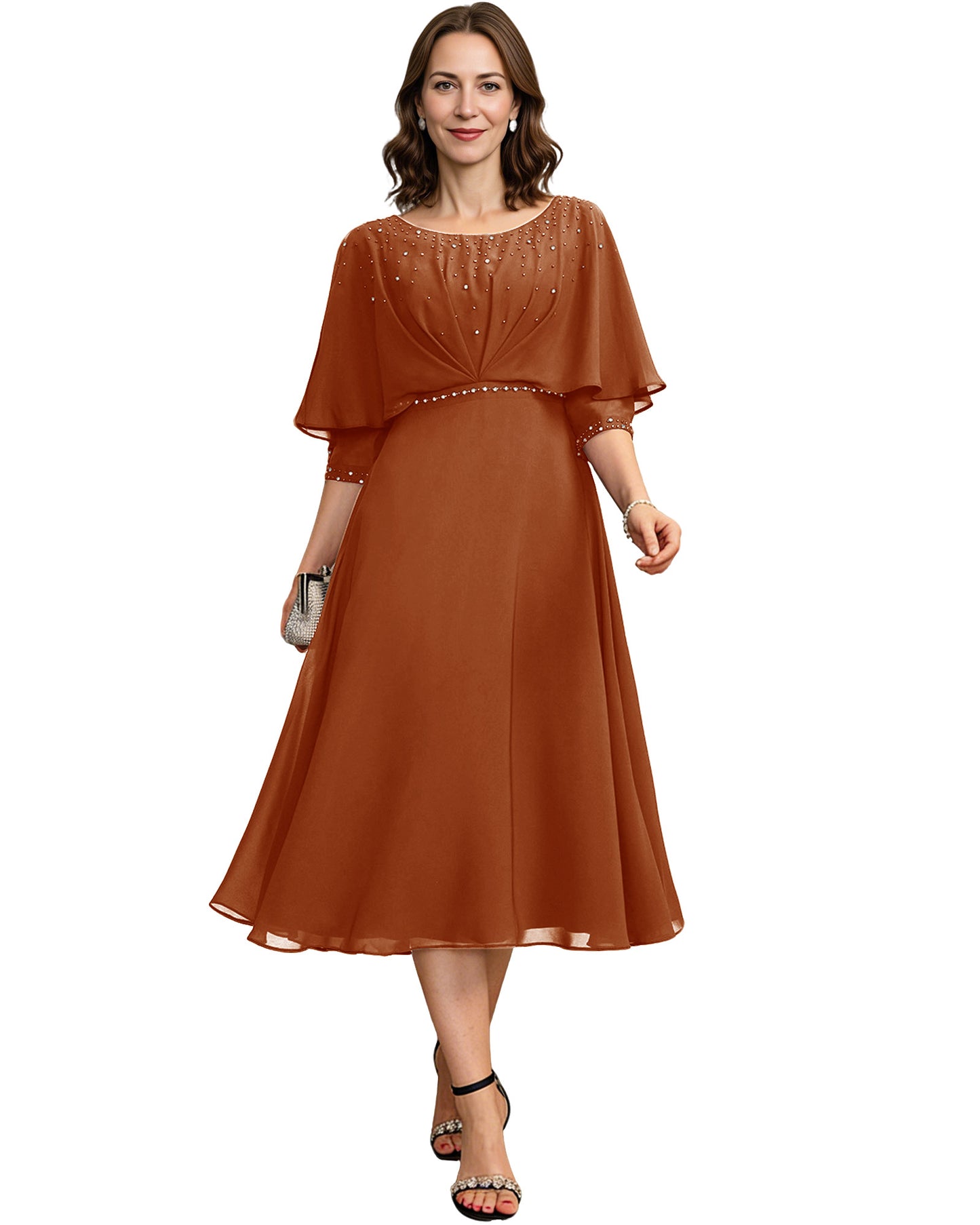 Beaded Cape Mother of the Bride Dress Tea Length Chiffon A-Line Formal Guest Gown