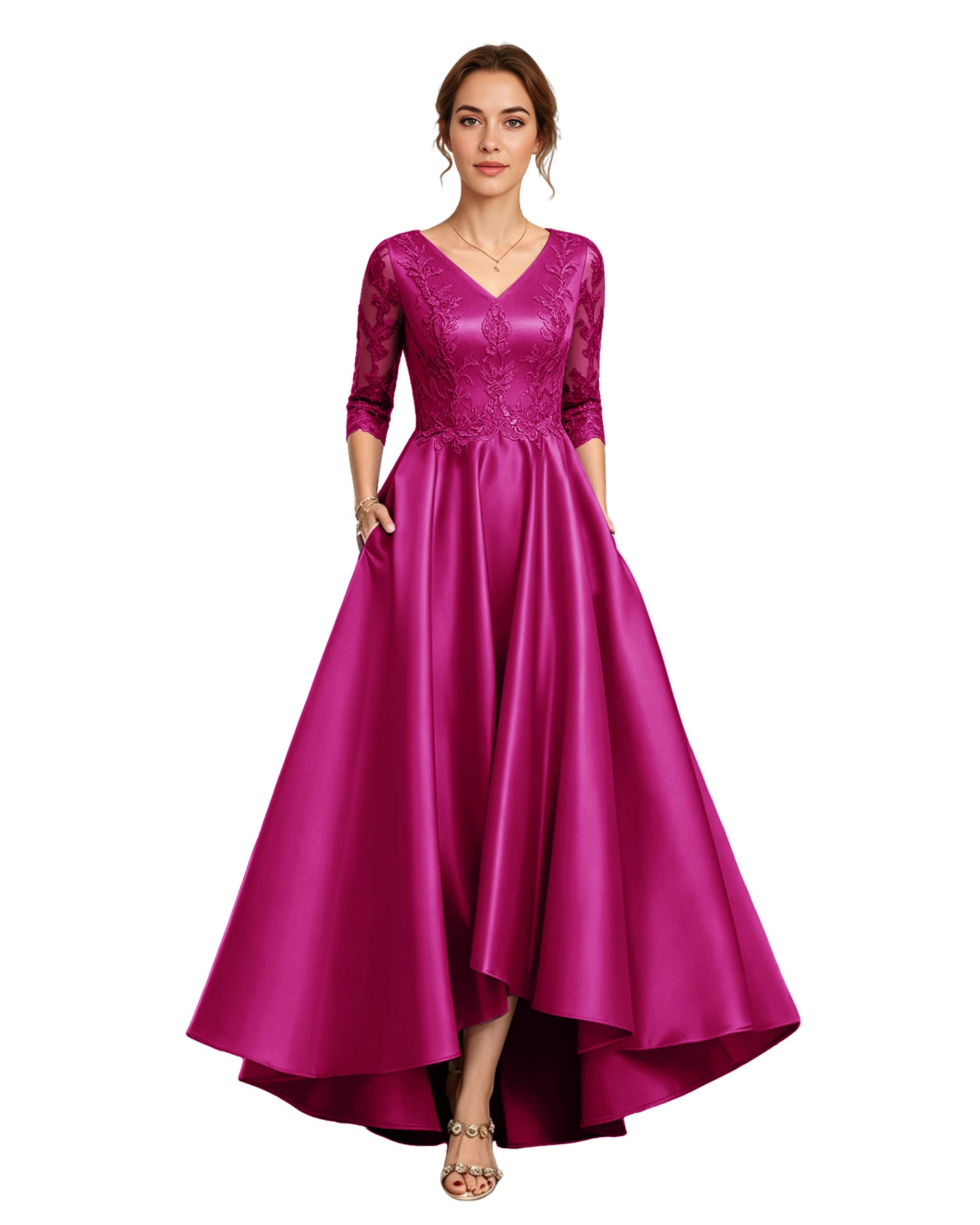 V-Neck Lace Satin A-Line Moms Dress with 3/4 Sleeves and Lace-Up Back