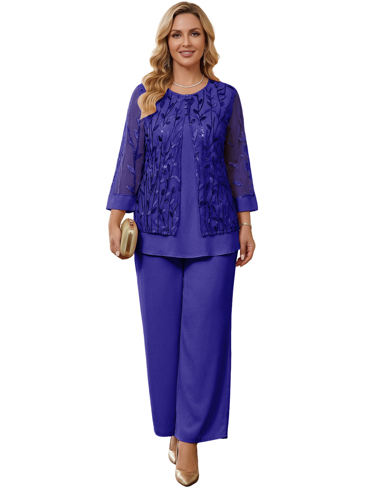 Embroidered Mesh Chiffon Wide-Leg Two-Piece Pantsuit Moms Sets