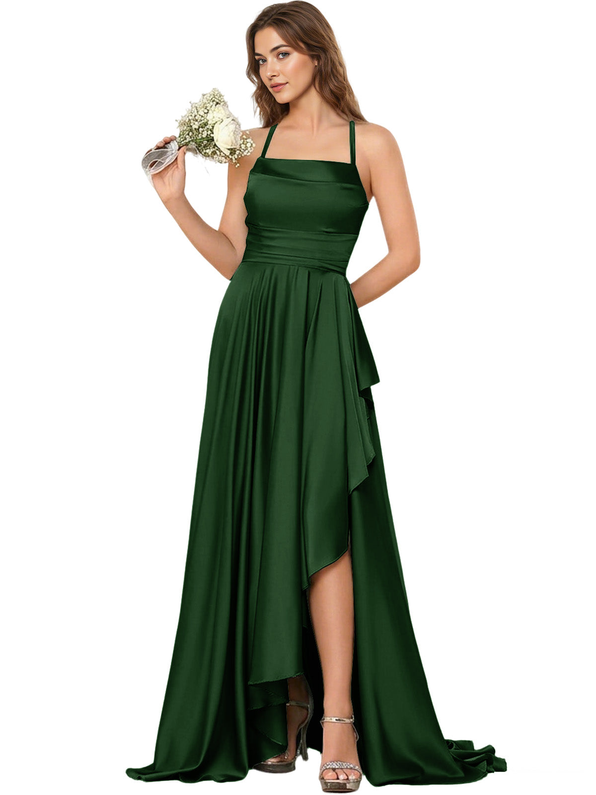 Open Back Halter Bridesmaid Dress with High Low Overlay dress