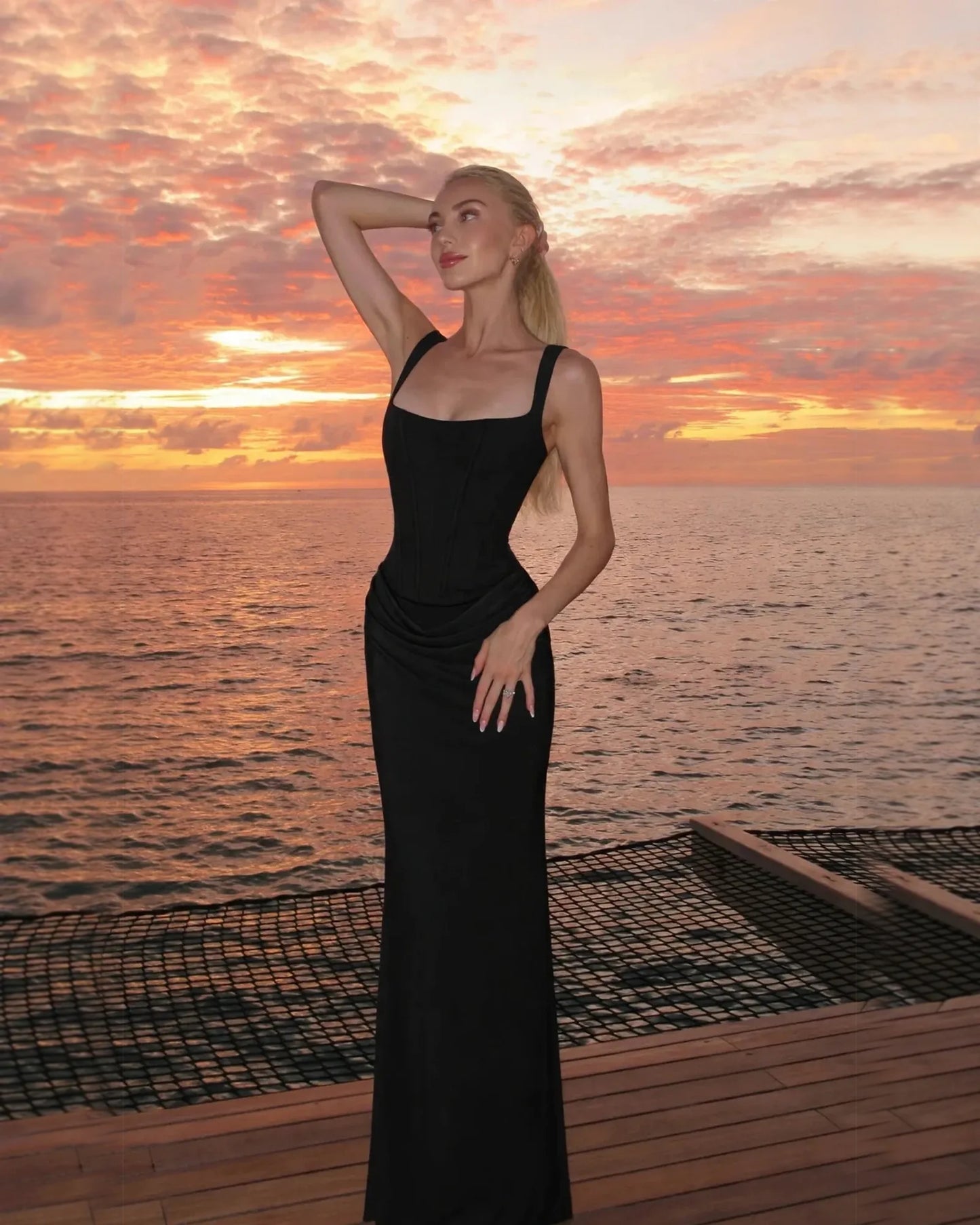 black square neck satin sheath formal dress with corset bodice - image 1