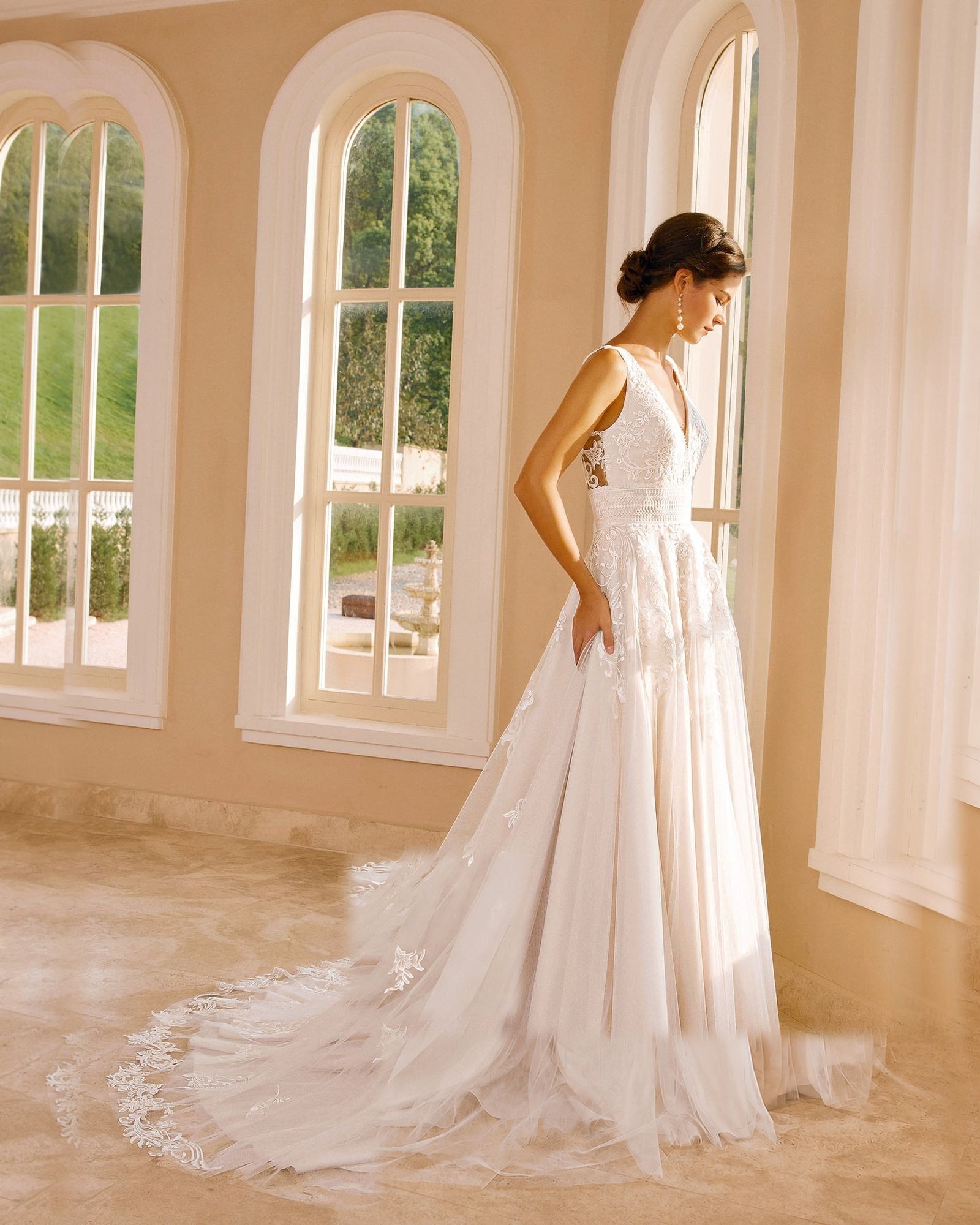 sleeveless v-neck lace tulle chapel train wedding dress - image 1