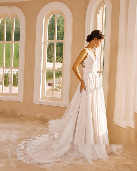 sleeveless v-neck lace tulle chapel train wedding dress - image 1