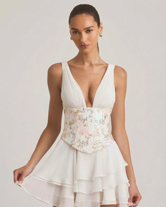 sakura embellished ruffled corset ivory mini homecoming dress - image 1