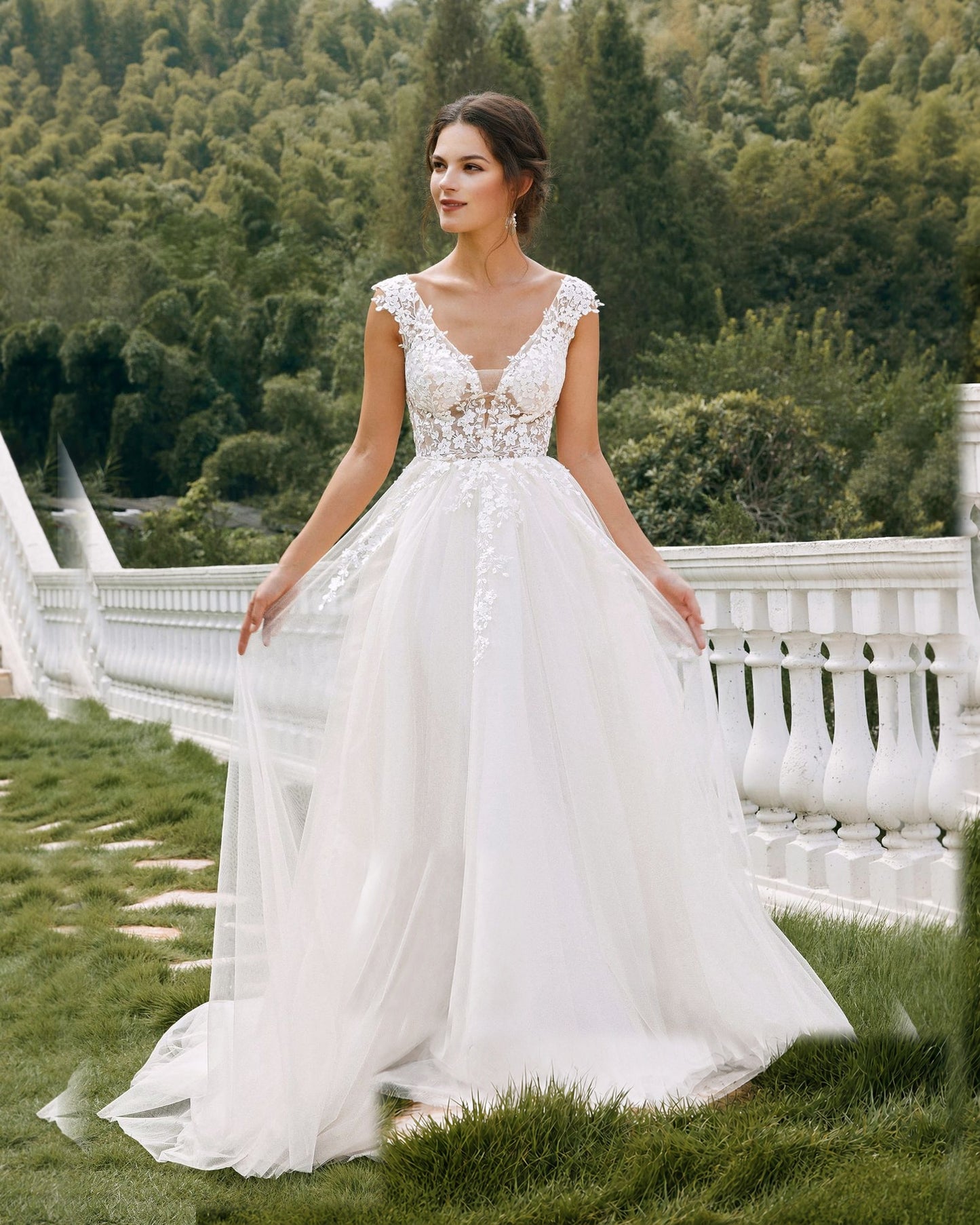 sleeveless v-neck lace tulle a-line wedding dress - image 1