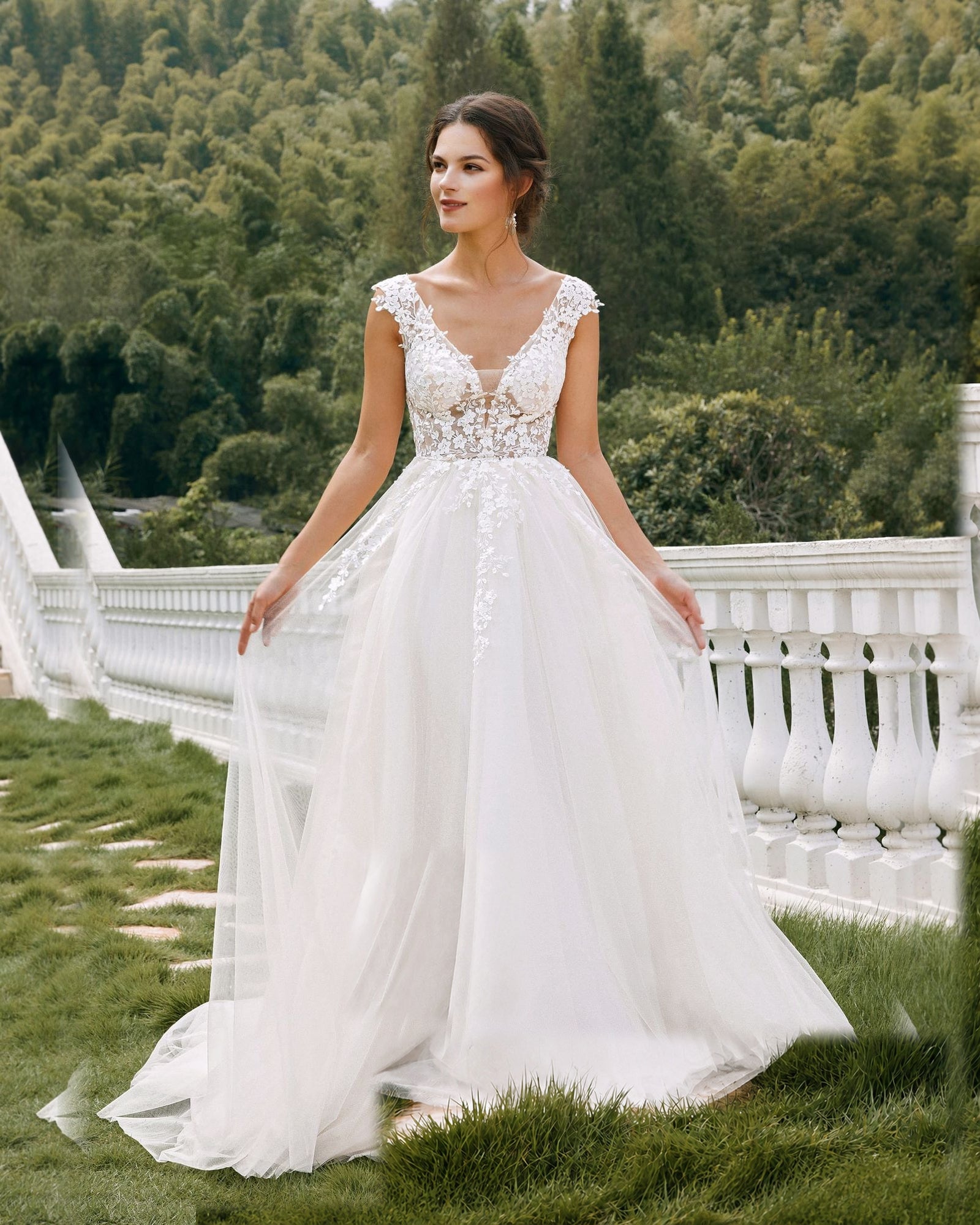 sleeveless v-neck lace tulle a-line wedding dress - image 1