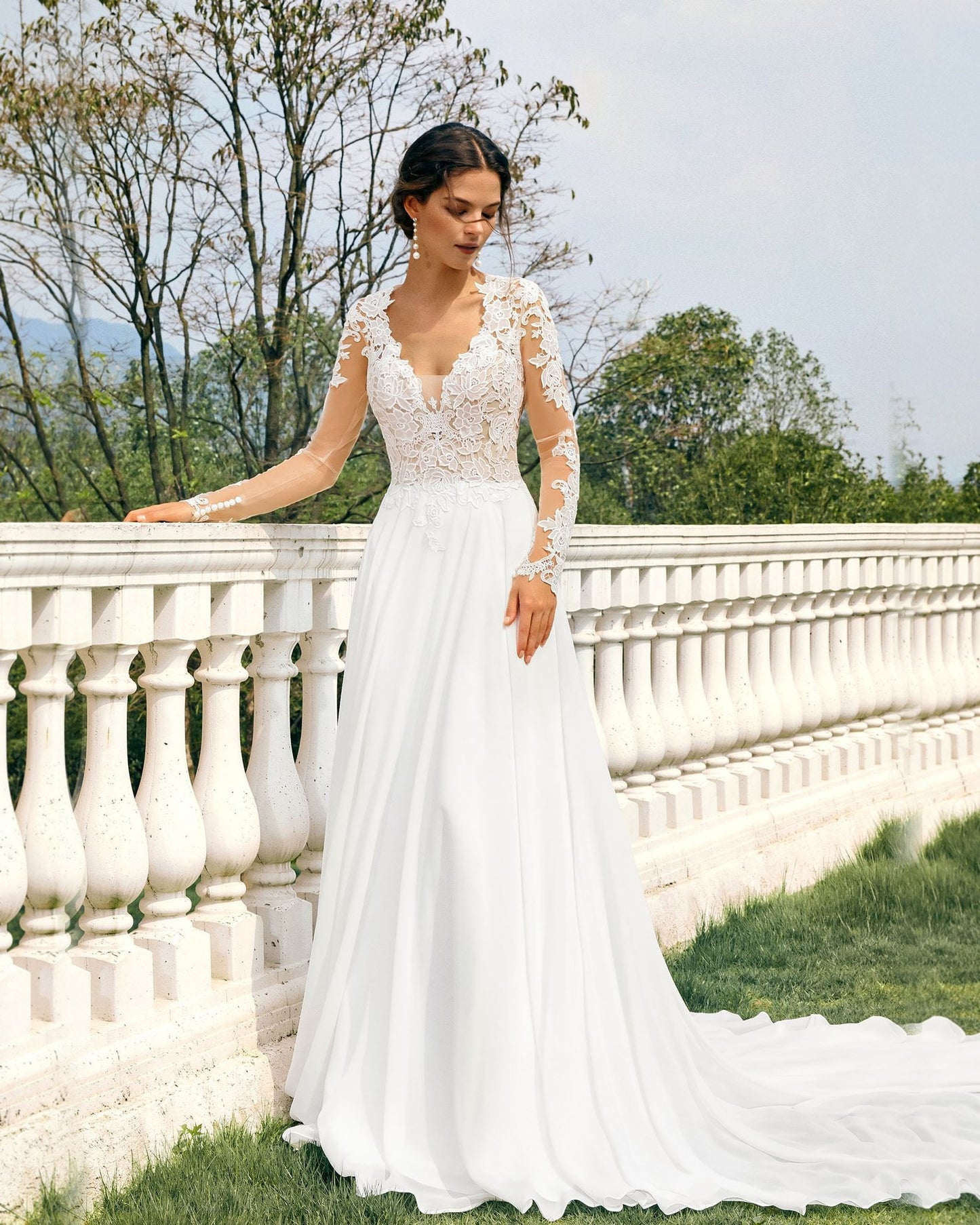 v-neck long sleeve lace chiffon a-line wedding dress - image 1