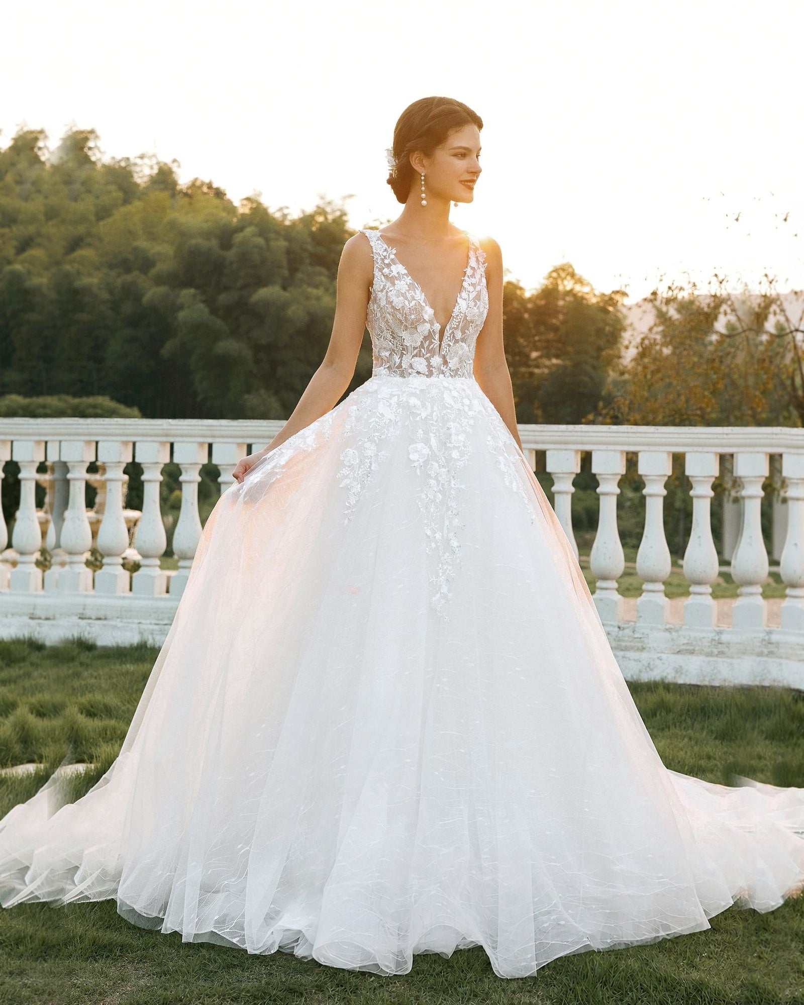 plunging v-neck lace tulle ball gown wedding dress - image 1
