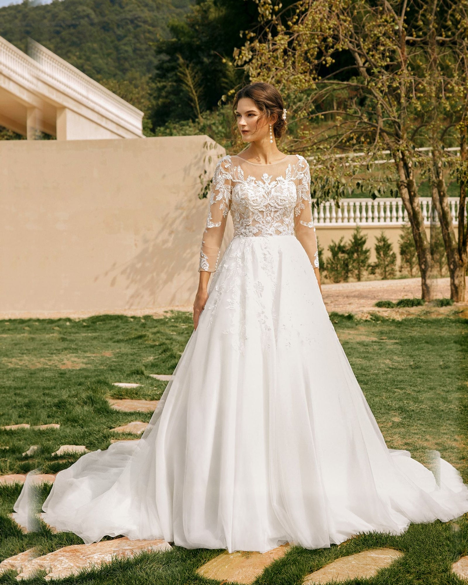 bateau neck lace sleeve tulle a-line wedding dress - image 1