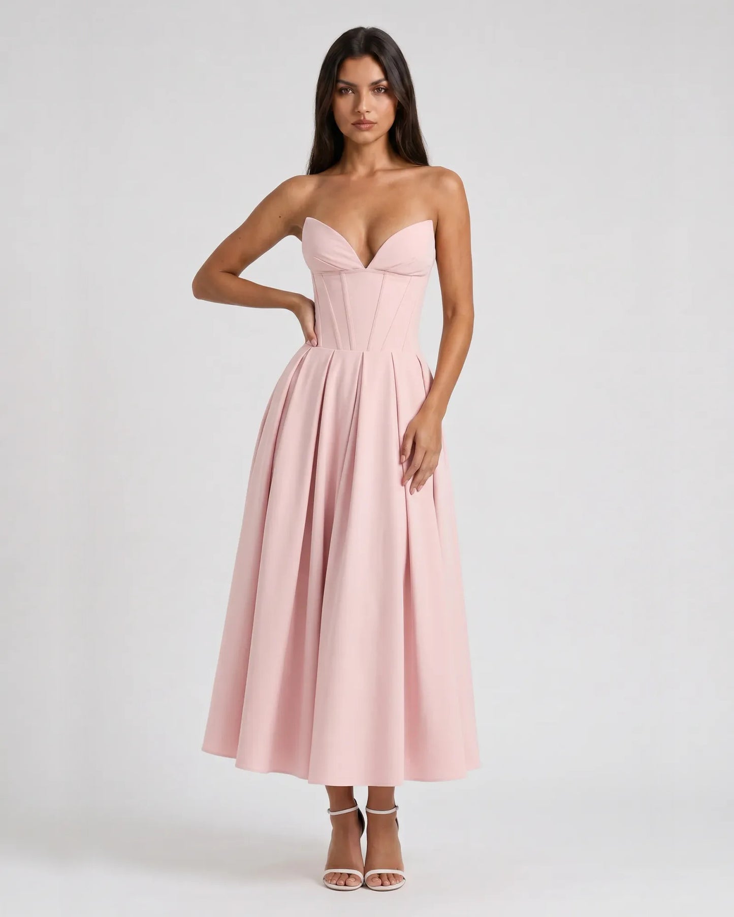 strapless sweetheart corset satin midi formal dress - image 1