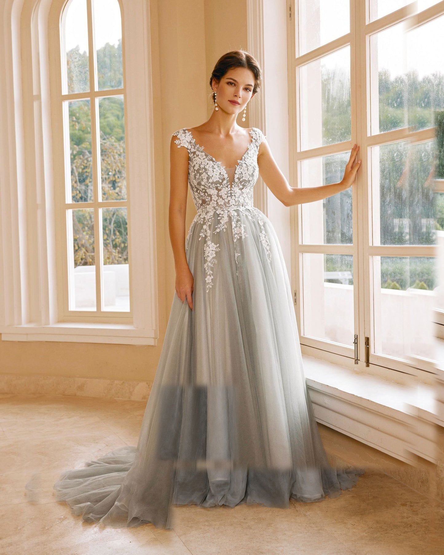 cap sleeve v-neck lace applique a-line wedding dress - image 1