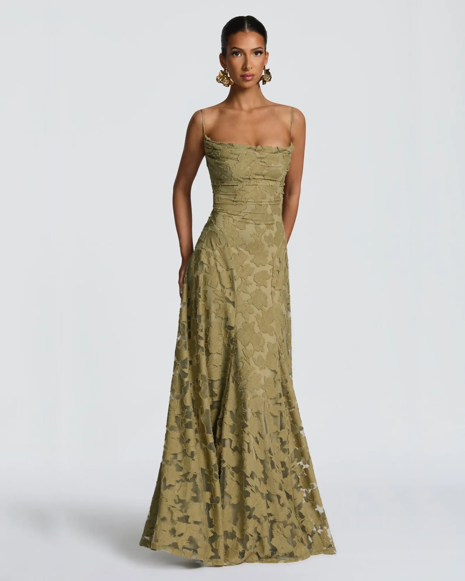 green brown cowl neck floral lace A-line formal dress with lace-up back - image 1