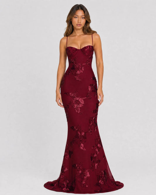 spaghetti strap floral lace mermaid formal dress - image 1