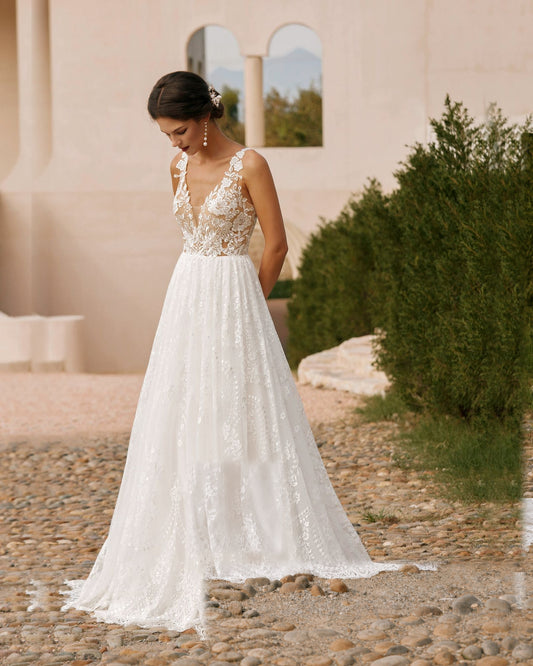 plunging v-neck lace embroidered a-line wedding dress - image 1