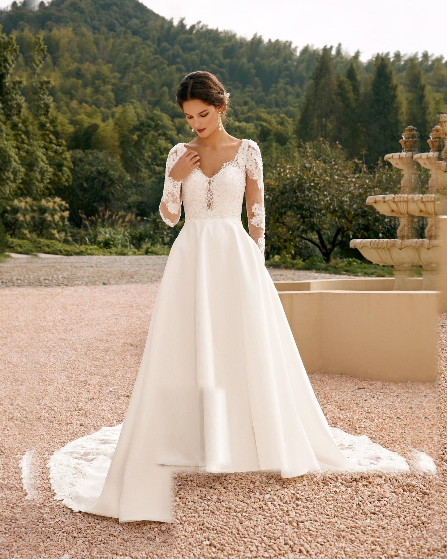 long sleeve lace bodice satin a-line wedding dress - image 1