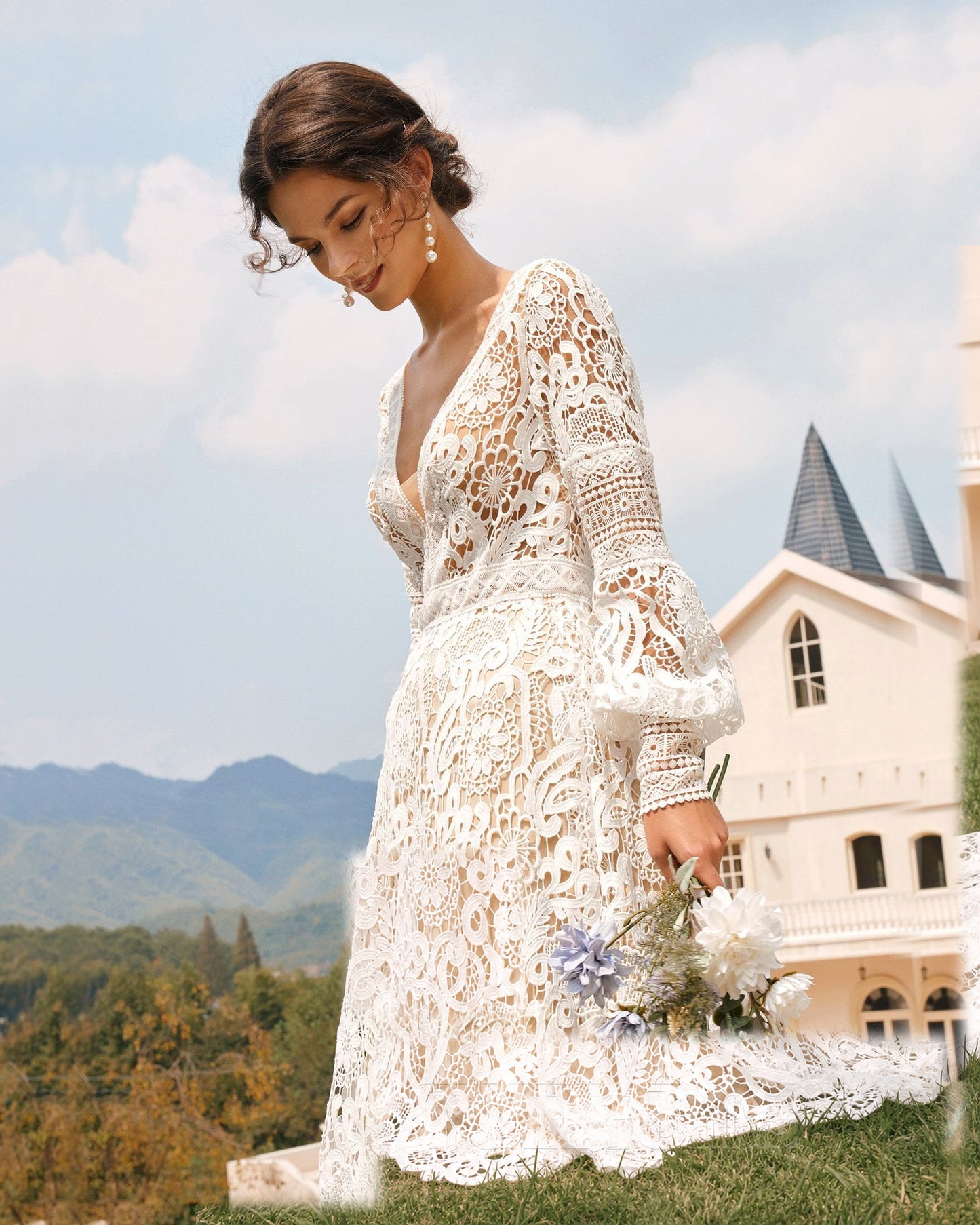 boho bishop sleeve crochet lace wedding dress - image 1