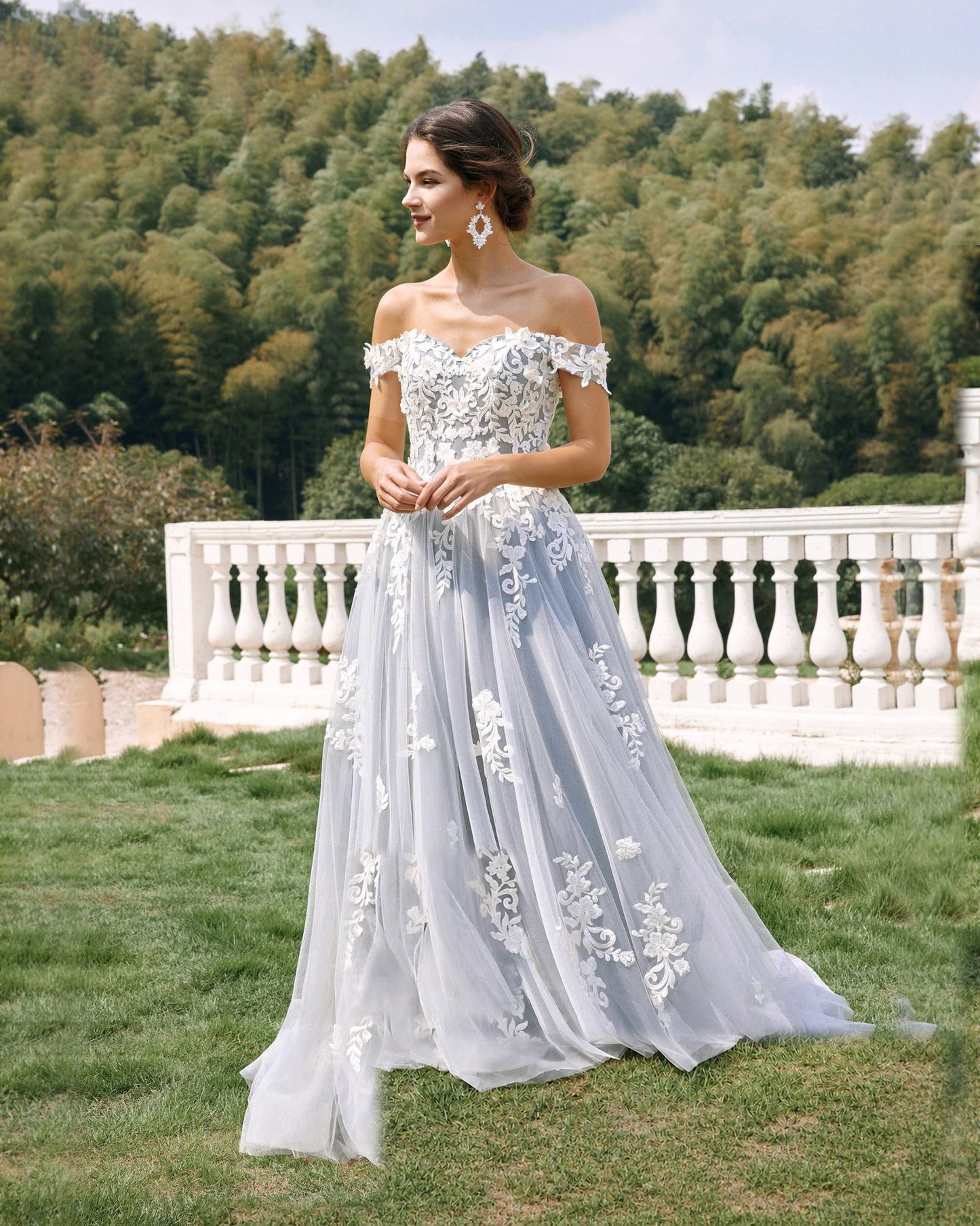 off-shoulder lace applique tulle ball gown wedding dress - image 1