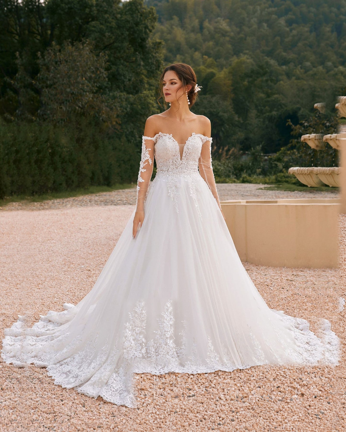 off-shoulder lace sleeve tulle wedding ball gown - image 1