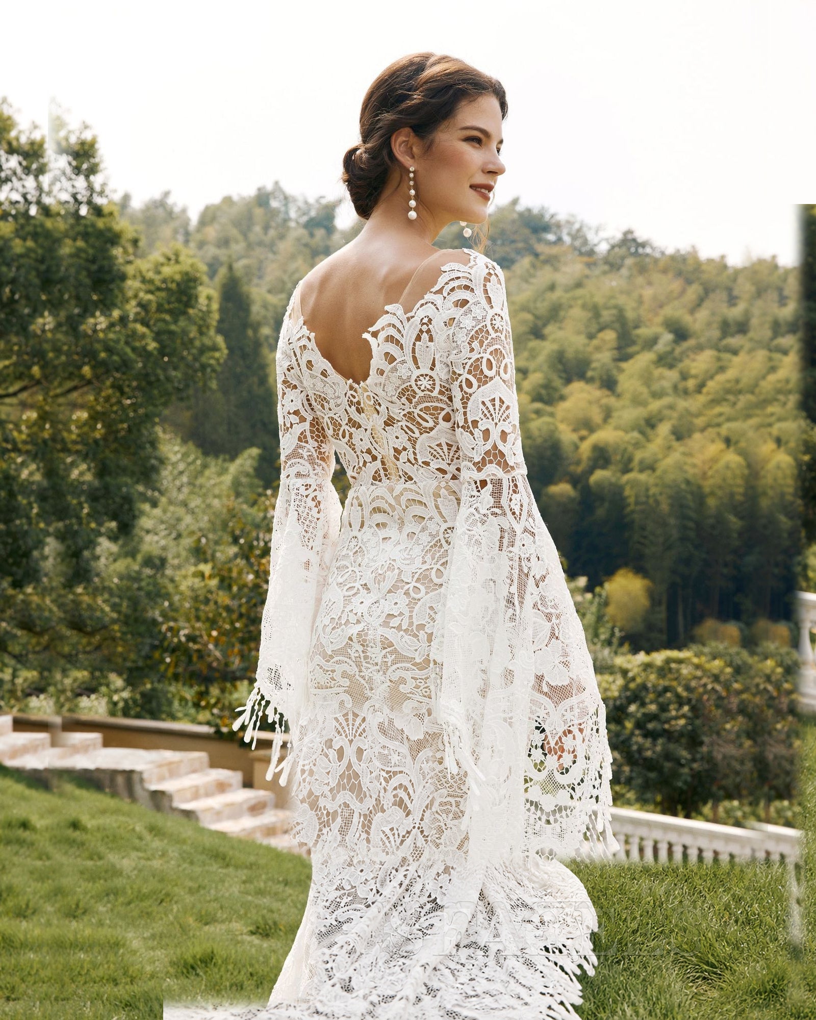 fringe bell sleeve lace mermaid wedding dress - image 1