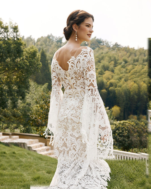 fringe bell sleeve lace mermaid wedding dress - image 1