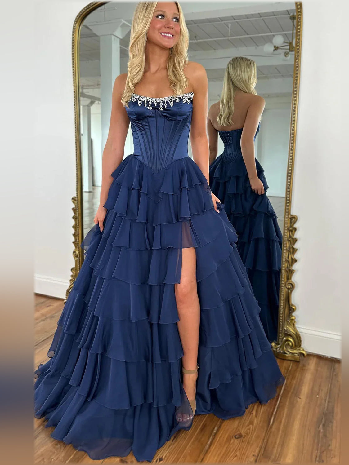Dark Navy a-line floor-length formal dress with strapless neckline, full-length front view