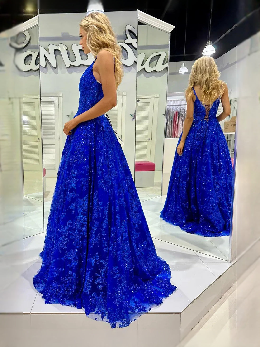 Royal Blue maxi prom dress, front view showing the a-line silhouette