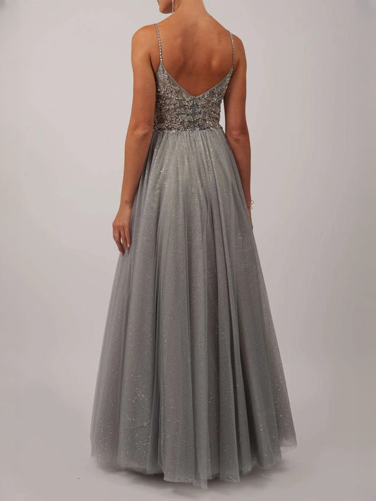 Silver floor-length prom dress, front view showing the a-line silhouette