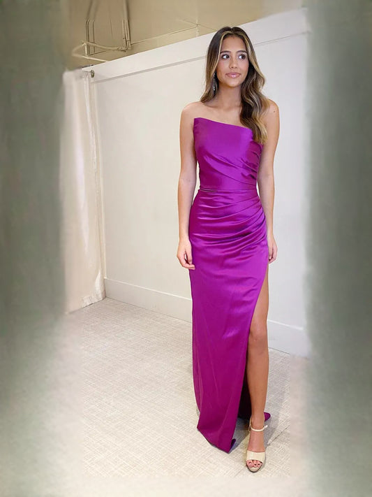 Fuchsia maxi prom dress, front view showing the mermaid silhouette