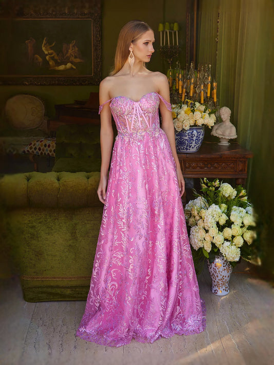 Pink floor-length prom dress, front view showing the a-line silhouette