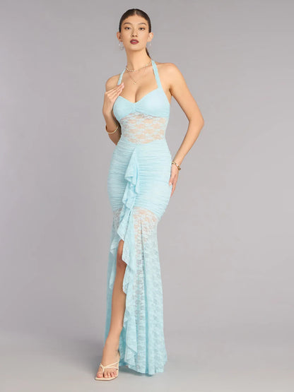 Light Blue mermaid floor-length formal dress with halter neckline, full-length front view