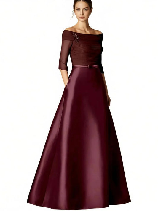 Burgundy floor-length mother of the bride dress, front view showing the a-line silhouette
