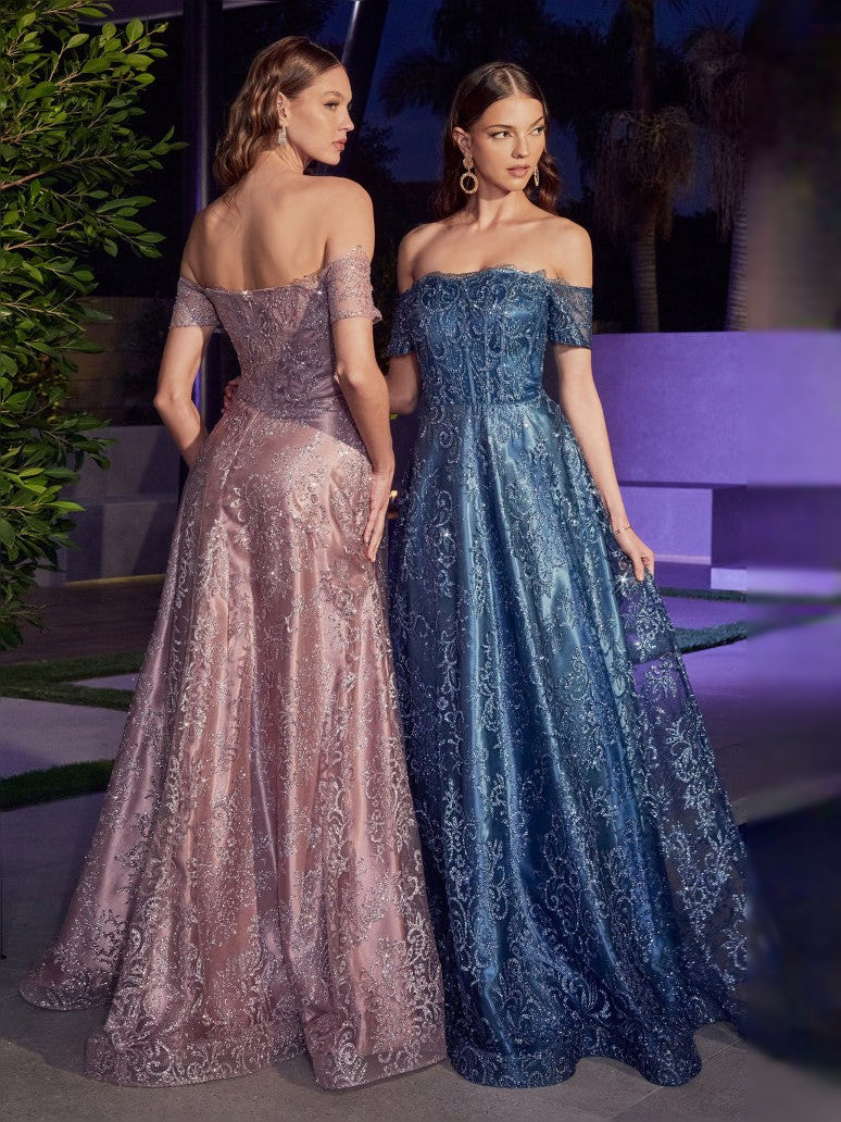 Mauve floor-length prom dress, front view showing the a-line silhouette