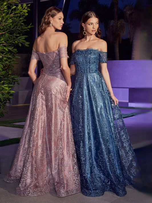 Mauve floor-length prom dress, front view showing the a-line silhouette