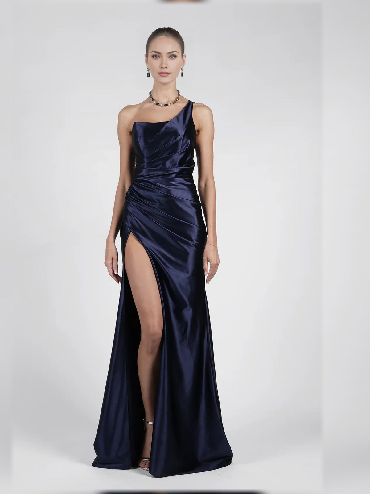 Navy Blue mermaid floor-length formal dress with one-shoulder neckline, full-length front view