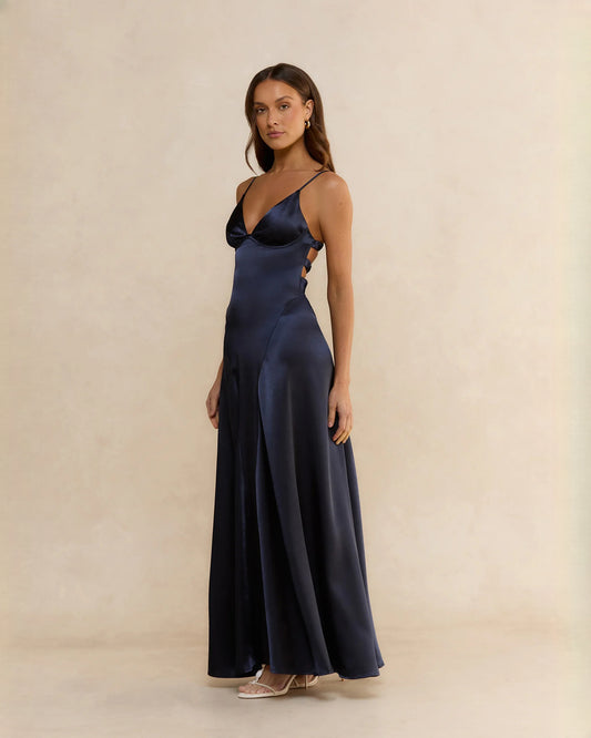 sleeveless satin a-line maxi bridesmaid dress - image 1