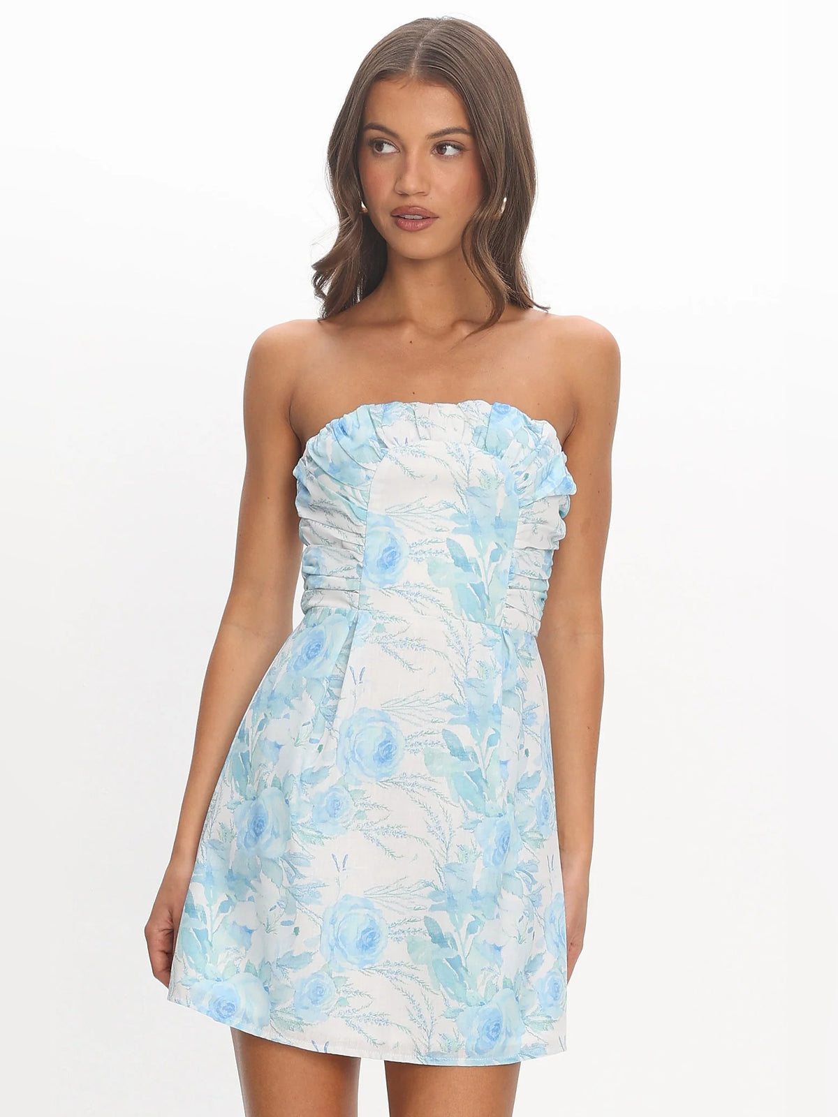 Blue mini homecoming dress, front view showing the silhouette