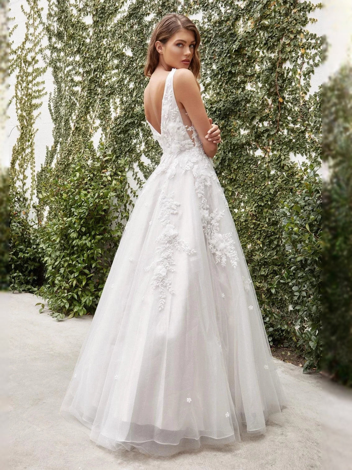 Ivory floor-length wedding dress, front view showing the a-line silhouette