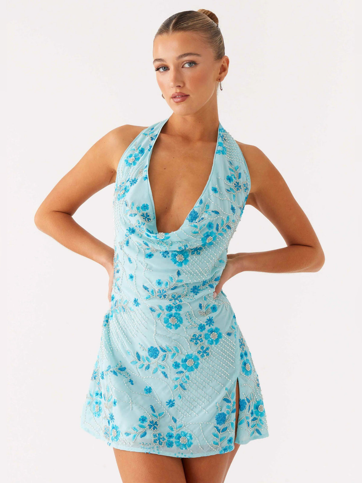 Blue mini homecoming dress, front view showing the silhouette