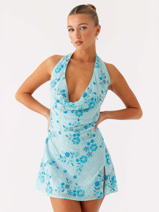 Blue mini homecoming dress, front view showing the silhouette