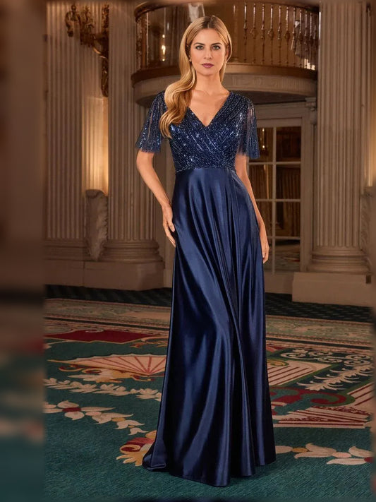 Navy Blue floor-length mother of the bride dress, front view showing the a-line silhouette