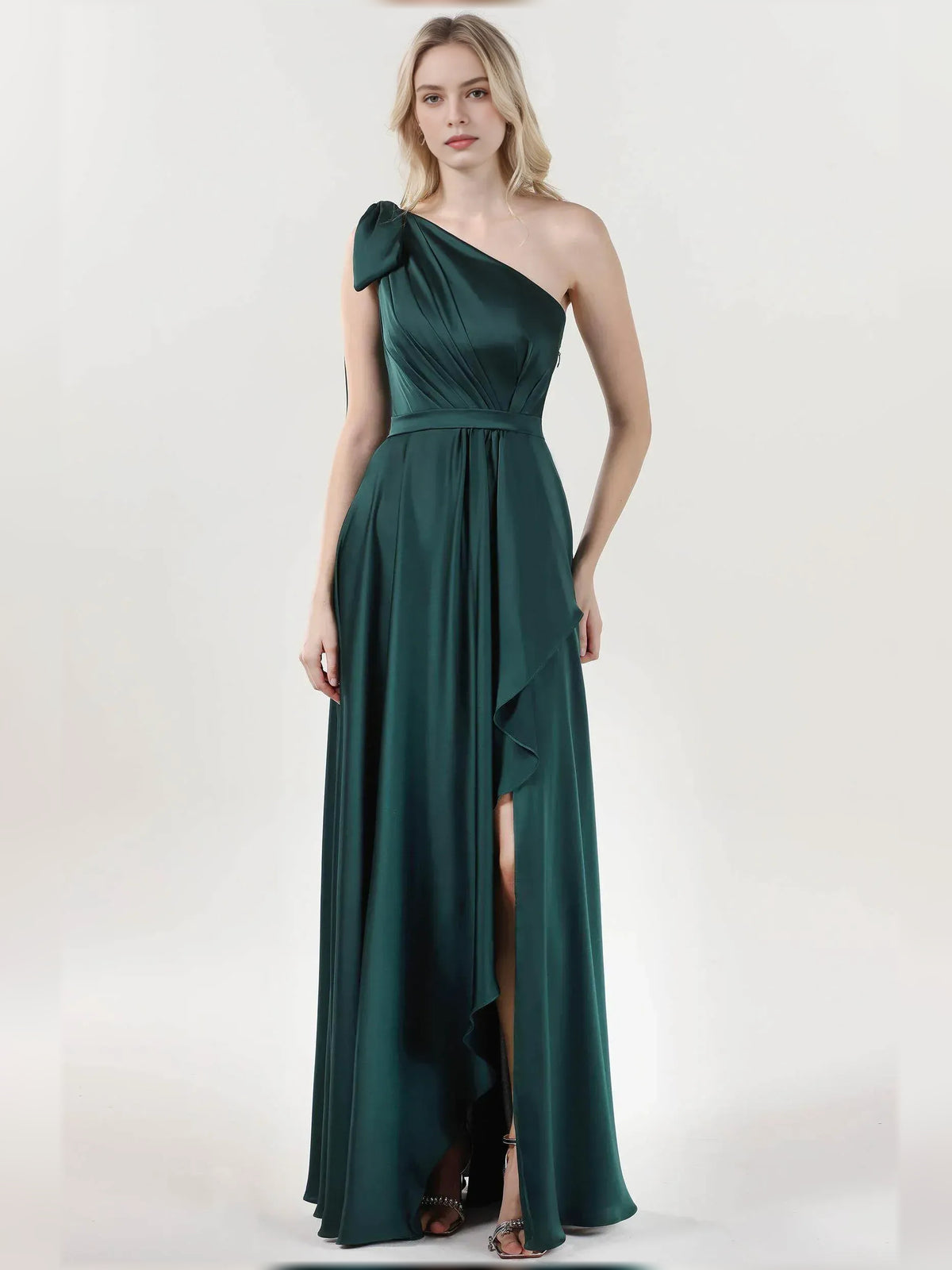 Peacock a-line floor-length formal dress with one-shoulder neckline, full-length front view