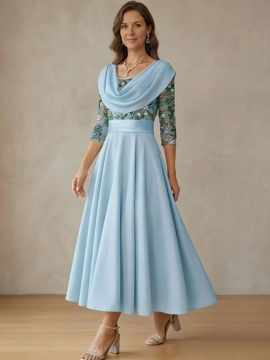 Sky Blue midi mother of the bride dress, front view showing the a-line silhouette