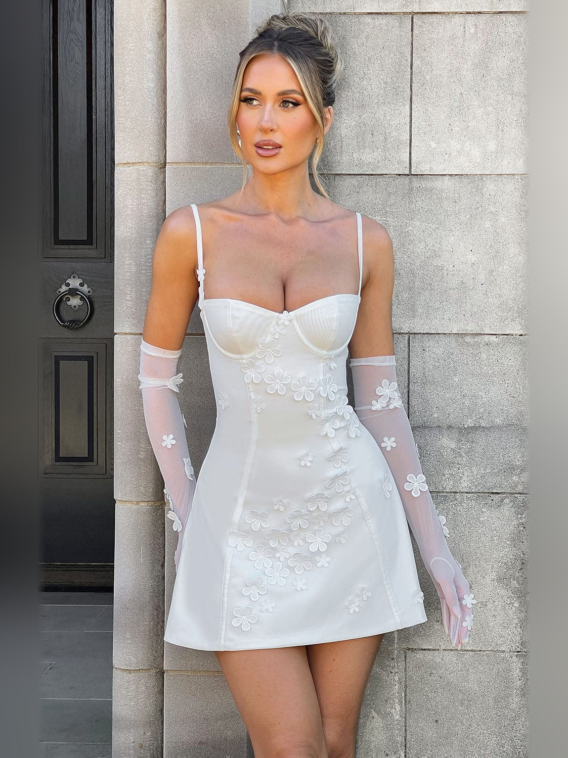 Ivory mini homecoming dress, front view showing the silhouette