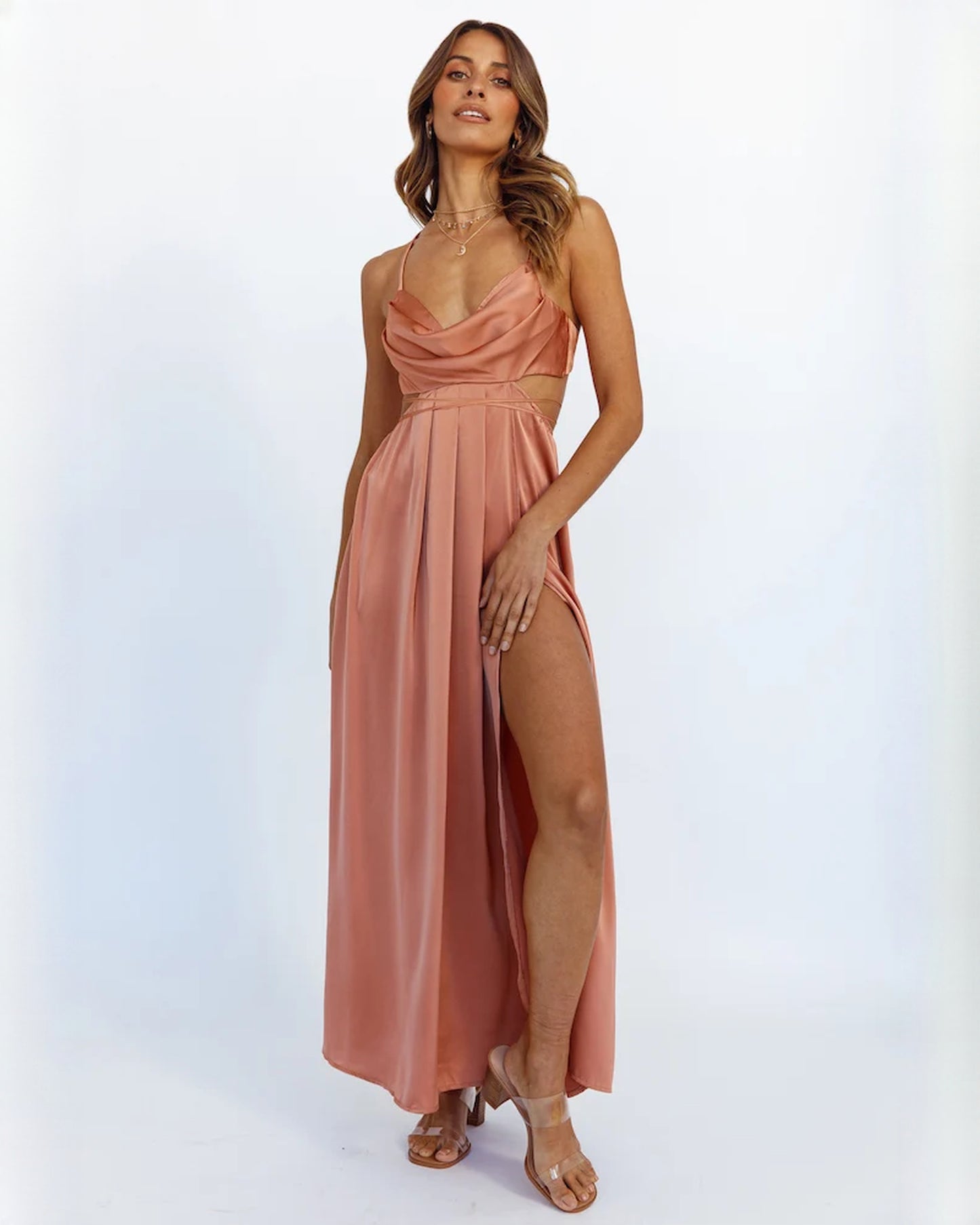 sleeveless satin a-line maxi bridesmaid dress - image 1
